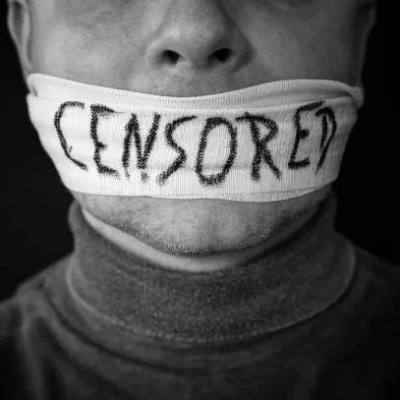 RTN's X profile image: a person's mouth covered with tape that reads CENSORED