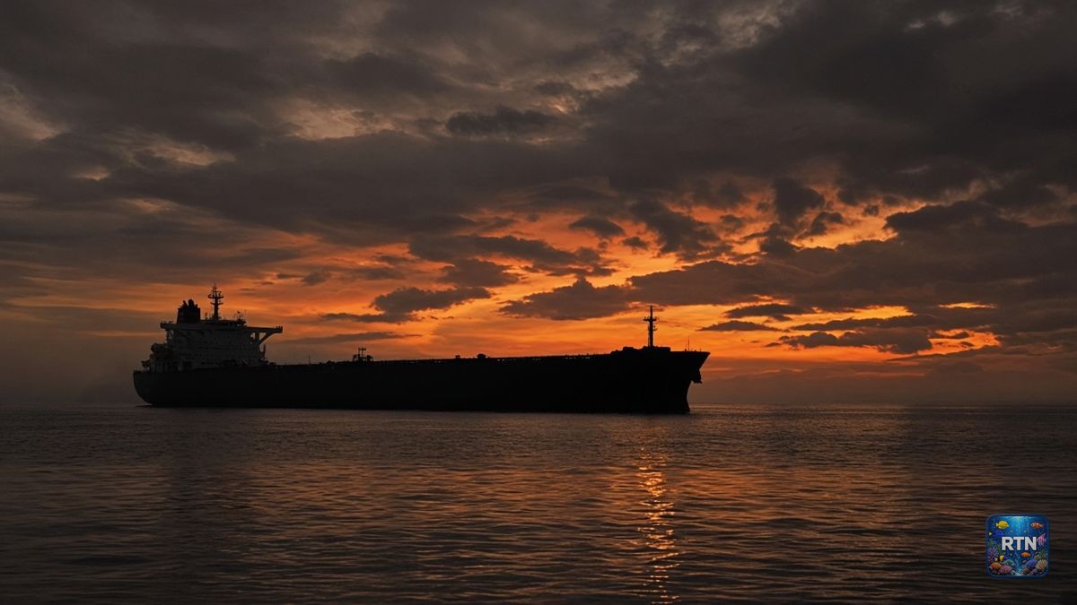 AI-generated illustration: silhouette of an oil tanker at sea at dusk
