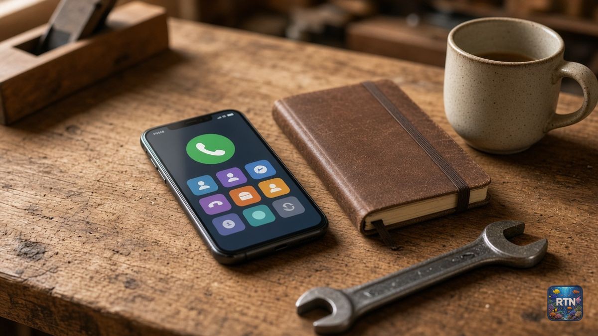 AI-generated illustration: a smartphone, notebook and spanner on a workbench