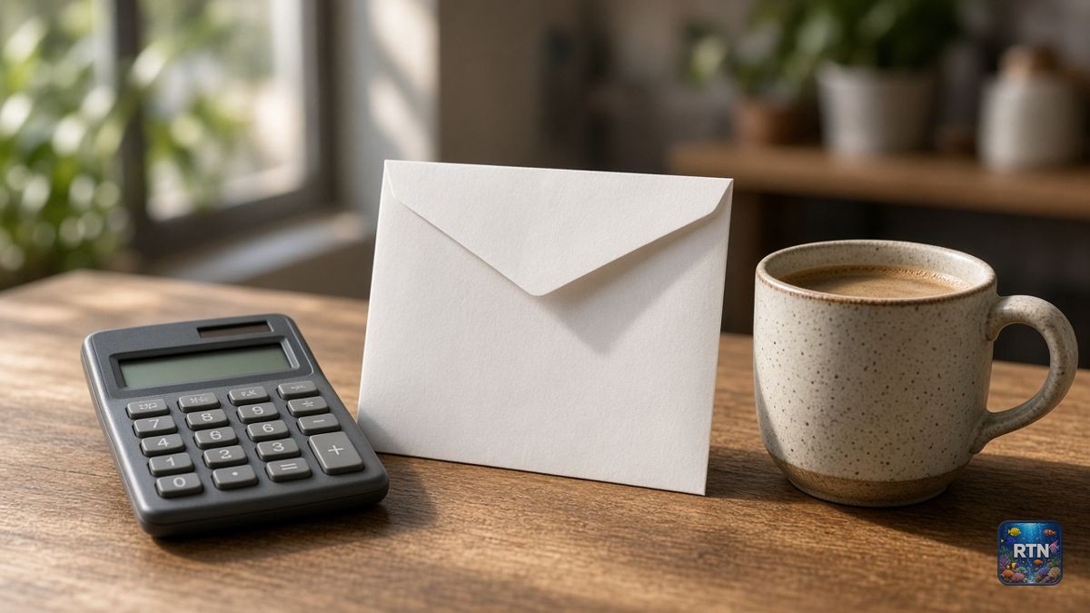 AI-generated illustration: a calculator, envelope and coffee mug on a counter