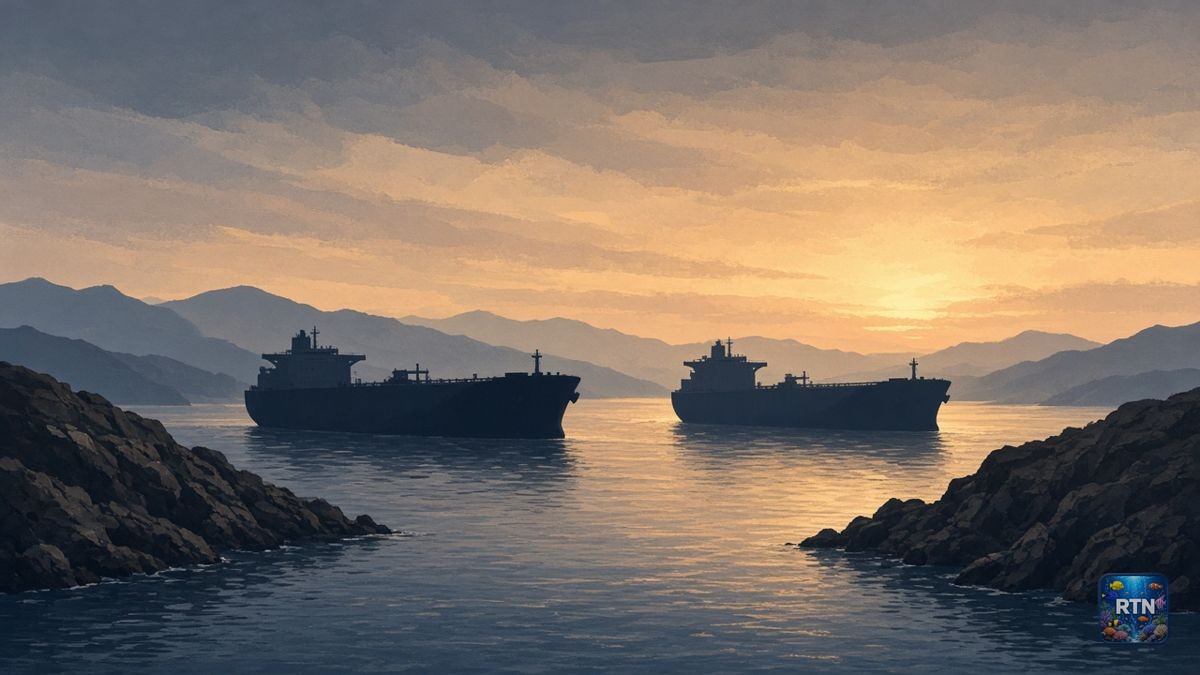 AI-generated illustration: two tanker silhouettes in a narrow strait at dawn