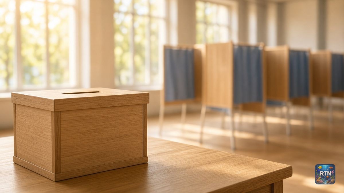AI-generated illustration: a wooden ballot box in a voting hall