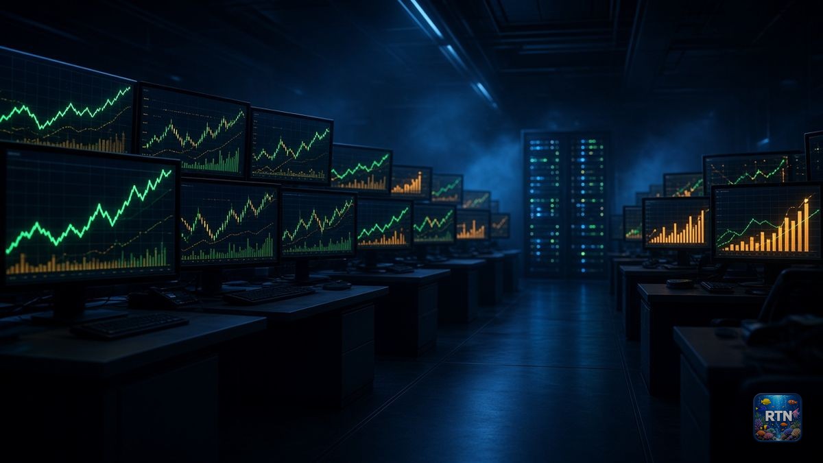 AI-generated illustration: a dark trading room with monitors showing abstract charts