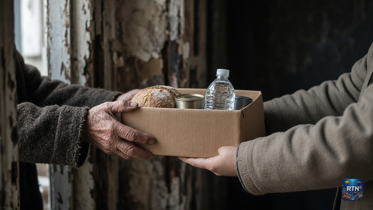 AI-generated illustration: an elderly hand receiving a cardboard food parcel with bread, tinned food and water from another hand