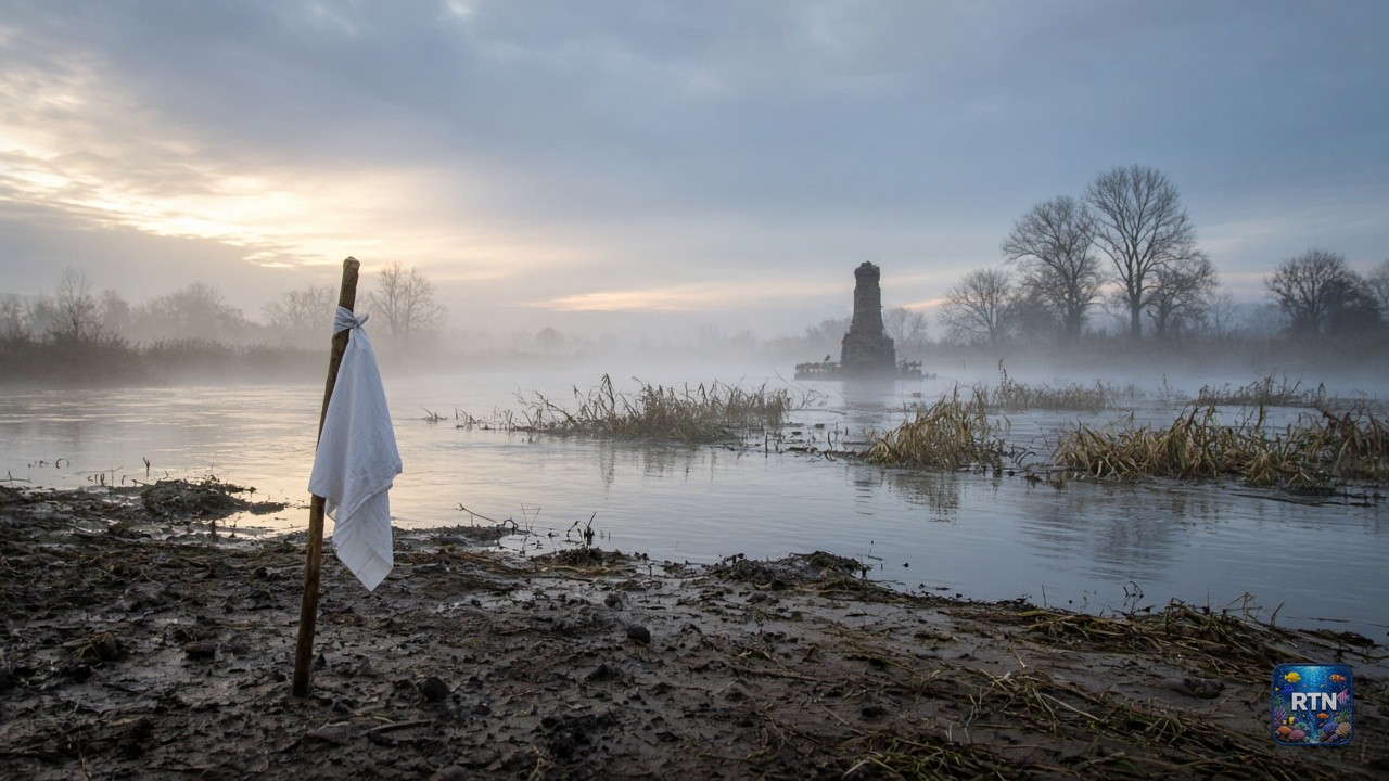 AI-generated illustration: a white cloth tied to a stick on a quiet, misty riverbank