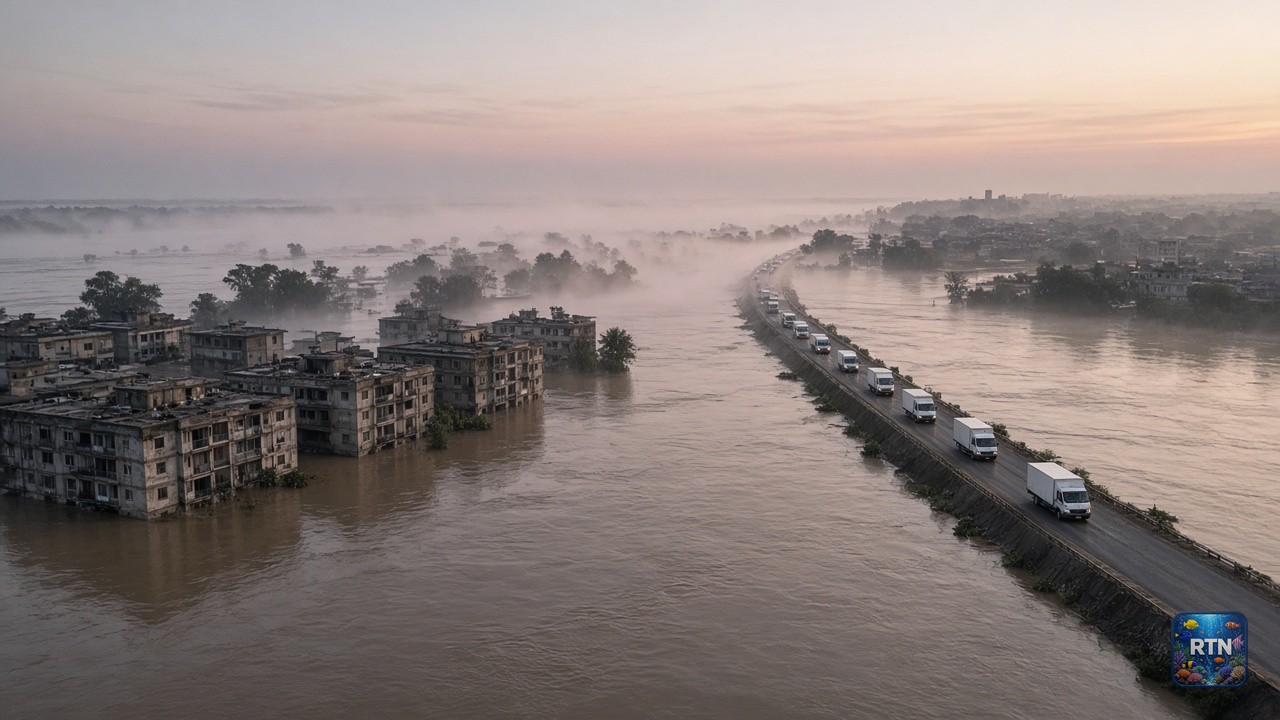 AI-generated illustration: a flooded riverside town at dawn, with a convoy of white aid trucks on a raised road