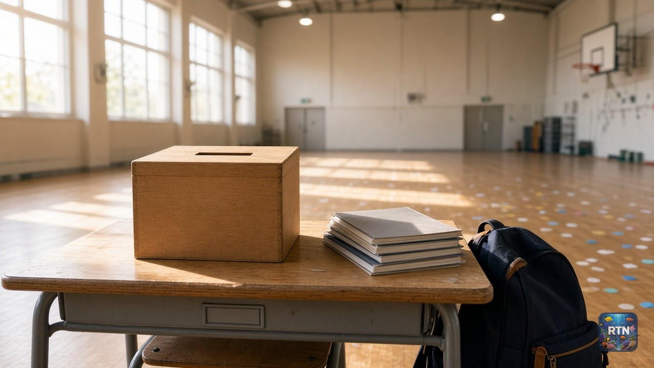 AI-generated illustration: a wooden ballot box on a school desk beside a rucksack and notebooks in an empty sunlit school hall
